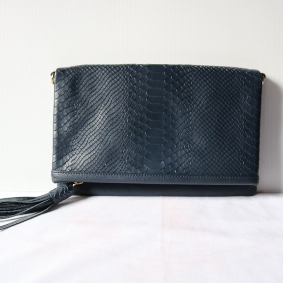 Gigi New York Navy Leather Foldover Crossbody Shoulder Purse Clutch Python Snake - Picture 2 of 9